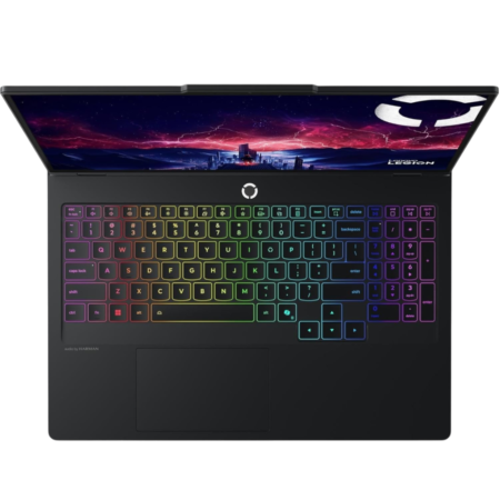 Open laptop with rainbow RGB backlit keyboard and space-themed wallpaper on screen.
