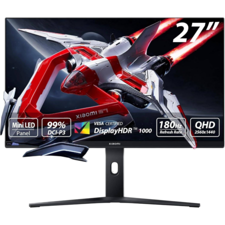 27-inch gaming monitor with stand and red-and-white dragon-like design on screen, showcasing 27" display label and stand base