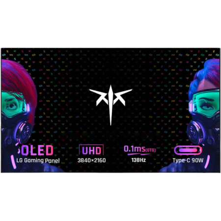 Neon-themed gaming banner highlighting OLED LG panel, UHD 3840×2160, 0.1ms GTG, Type-C 90W.