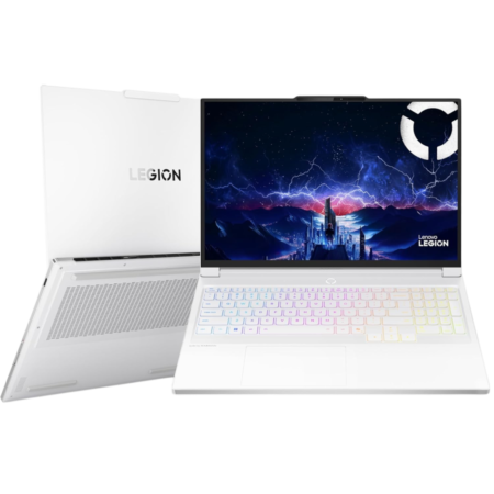 White Lenovo Legion gaming laptop open, rainbow RGB keyboard and storm wallpaper on screen