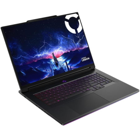 Lenovo Legion gaming laptop opened, glowing purple keyboard, screen showing a stormy blue scene with lightning.
