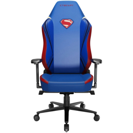 Blue and red high-back gaming chair with a Superman logo on the headrest and adjustable arms on a five-wheel base
