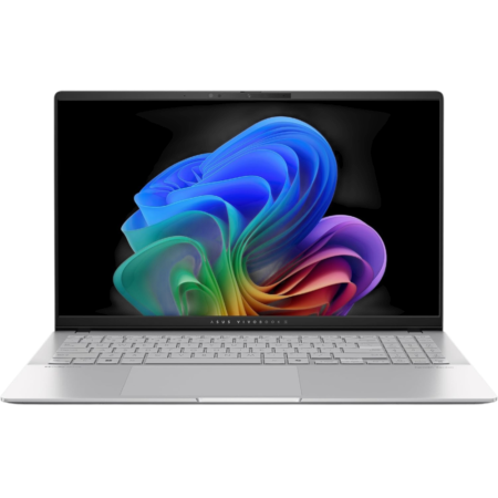 Front view of an open silver ASUS VivoBook laptop, showing a black screen with a colorful abstract wallpaper and a light-colored keyboard.