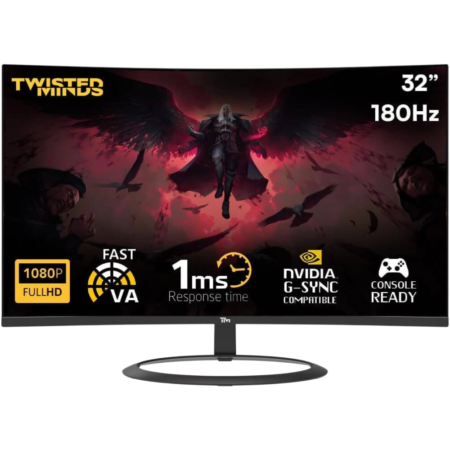 32-inch gaming monitor advertised with 1080p Full HD, 180Hz, 1ms response time, G-SYNC, Fast VA, console ready, Twisted Minds branding.