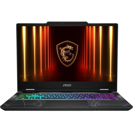 MSI gaming laptop open with a rainbow backlit keyboard and a glowing dragon shield on the screen, set against a black background.