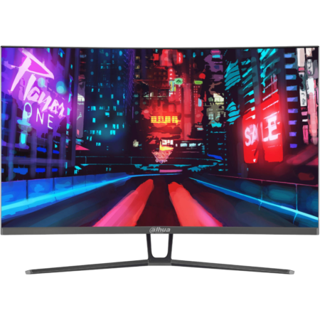 Curved computer monitor on a stand displaying a vibrant neon cityscape wallpaper with pink, blue, and red lights.