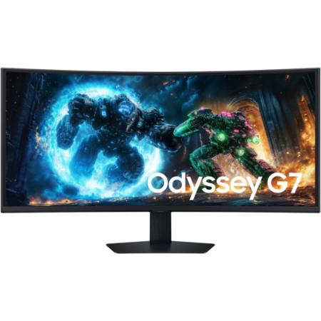 Curved gaming monitor displaying a sci-fi battle scene with two mechs and the text 'Odyssey G7' on the screen.