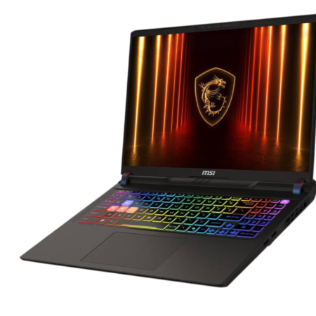 MSI gaming laptop with a rainbow RGB keyboard and a dark screen showing a golden dragon shield motif in a neon tunnel scene