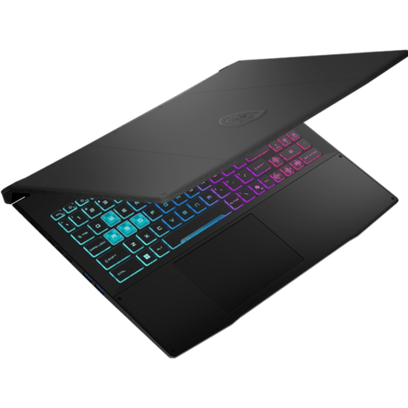 Gaming laptop with RGB backlit keyboard, opened at a slight angle
