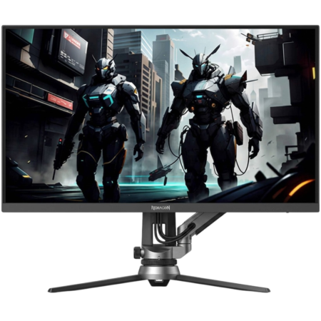 Gaming monitor displaying a sci‑fi scene: two armored robots walking through a futuristic city.