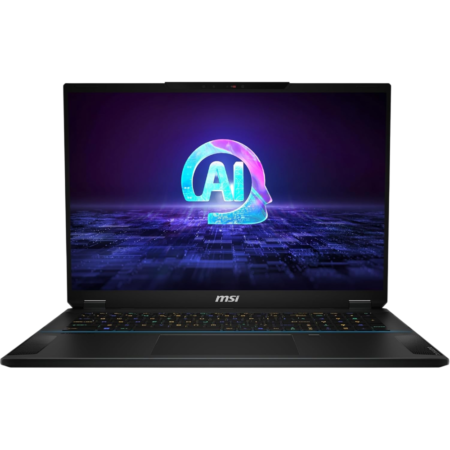 MSI laptop open with a glowing AI logo on the screen against a dark background.