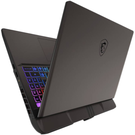 Open gaming laptop with RGB backlit keyboard and MSI logo on the lid, angled to show colorful keys.