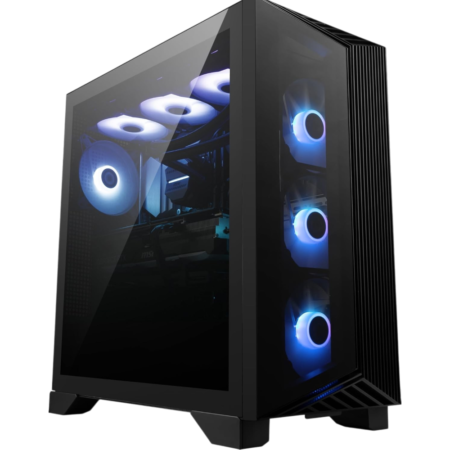 Black mid-tower PC case with a tempered-glass side panel and blue LED cooling fans.