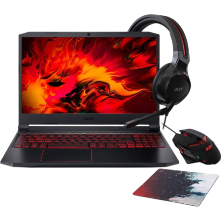 Acer gaming laptop with red backlit keyboard, black headset, wired mouse, and a decorative mouse pad around it.