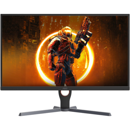 Gaming monitor showing a futuristic armored soldier with an orange circular glow on the screen.