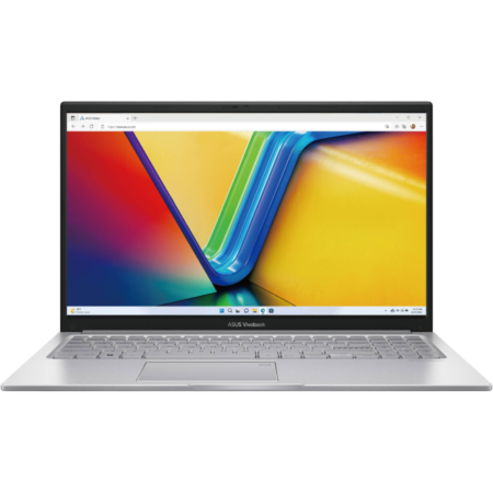 Open ASUS Vivobook laptop displaying a colorful abstract wallpaper on a black background