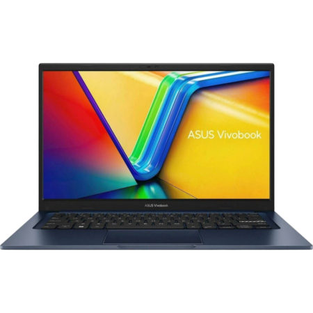 ASUS Vivobook laptop facing forward with colorful screen display and dark keyboard.