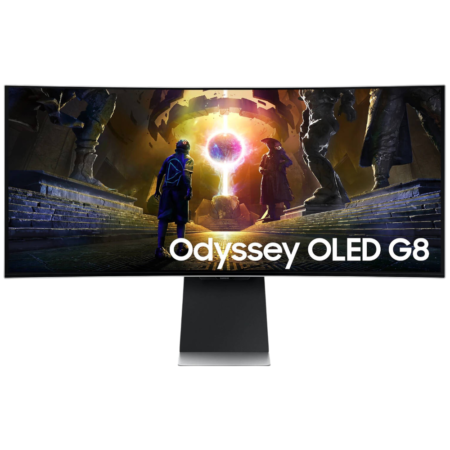 Odyssey OLED G8 monitor showing a sci‑fi game scene with two characters and a glowing portal.