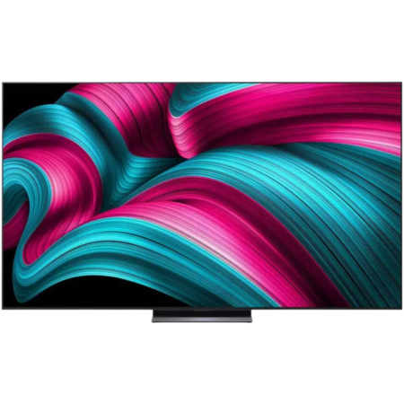 Flat-screen TV with a silver stand showing vibrant pink and teal abstract swirls on a black background.