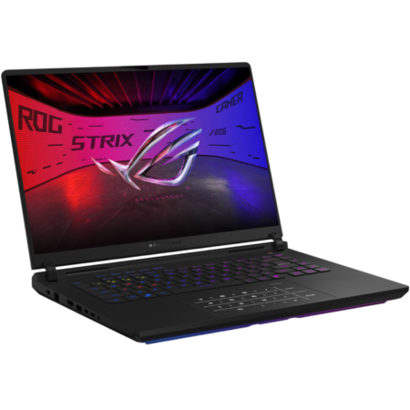 Gaming laptop open at an angle showing a colorful ROG Strix screen and RGB keyboard lighting, black chassis.