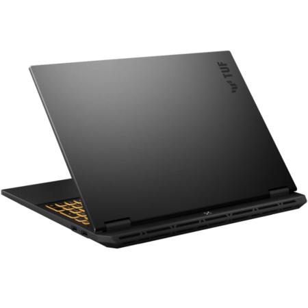 Black gaming laptop seen from rear-left angle with orange backlit keyboard and rugged chassis, TUF branding on the lid
