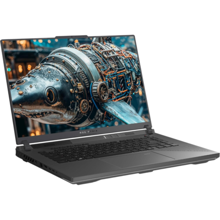 Open laptop displaying a close-up of a vintage metallic engine with tangled wires on the screen (ROG Strix logo visible).