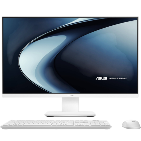 ASUS all-in-one desktop with white keyboard and mouse, large screen showing abstract blue design.