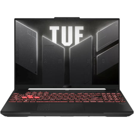 ASUS TUF Gaming laptop open with red backlit keyboard on a black background”,